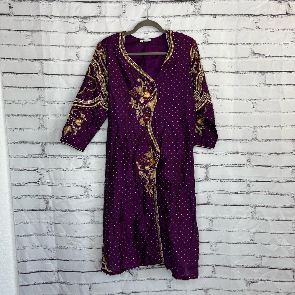 Sari Palace Royal Purple Gold Embroidered Kurta Tunic L Boho Ethnic 3/4 Sleeve